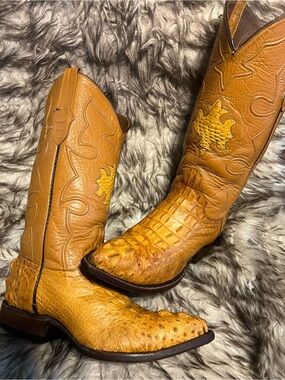 Men's COWTOWN Golden Tan Exotic Caiman & Leather Western Boots Sz 6 EE
